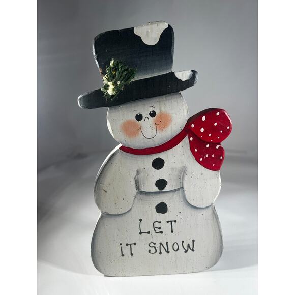 Vintage Christmas Handpainted Folk Snowman Let It Snow Wooden Decor - Picture 1 of 9